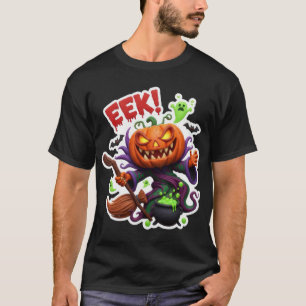 Spooky Halloween jackolantern witch with broom cau T-Shirt