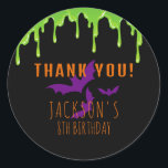 Spooky Halloween Kids Birthday Thank You Classic Round Sticker<br><div class="desc">Spooky Halloween birthday thank you sticker with green slime and purple bats on a black background. Use the design tools to personalise the text,  font and colours.</div>