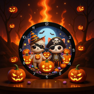Spooky Halloween Kittens and Pumpkins Large Clock