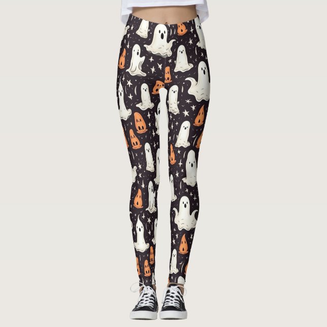 Spooky Halloween Little Ghosts Black Orange White Leggings (Front)