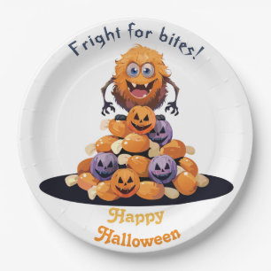 Spooky Halloween Monster On Pile Of Candy Paper Plate
