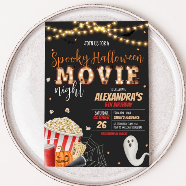 Spooky Halloween Movie Night Birthday Party Invitation (Spooky Halloween Scary Movie Night Birthday Party Invitation)
