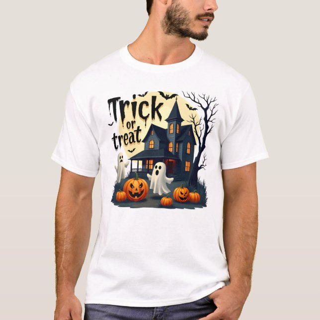 Spooky Halloween night at the haunted house scene T-Shirt (Front)