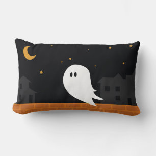 Spooky Halloween night cartoon ghost in town Lumbar Cushion