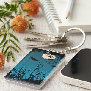 Spooky Halloween Night Full Moon and Flying Bats  Key Ring