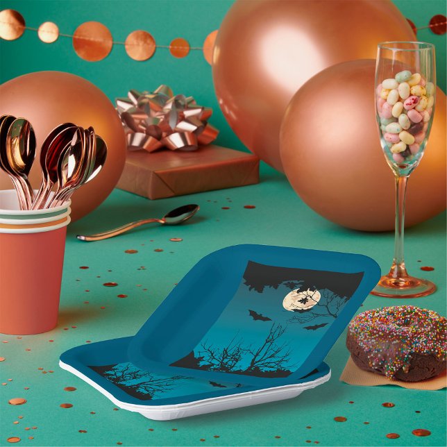 Spooky Halloween Night Full Moon and Flying Bats  Paper Plate (Creator Uploaded)