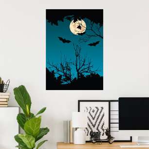 Spooky Halloween Night Full Moon and Flying Bats  Poster