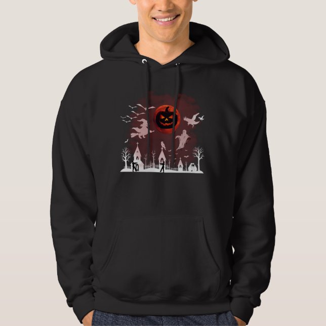 Spooky Halloween Night Full Moon Pumpkin Scene Hoodie (Front)