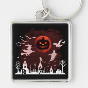 Spooky Halloween Night Full Moon Pumpkin Scene Key Ring