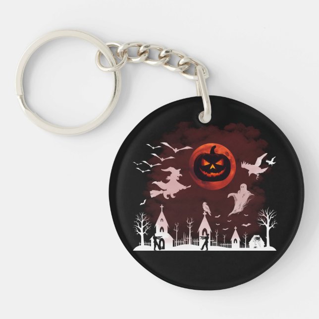 Spooky Halloween Night Full Moon Pumpkin Scene Key Ring (Front)