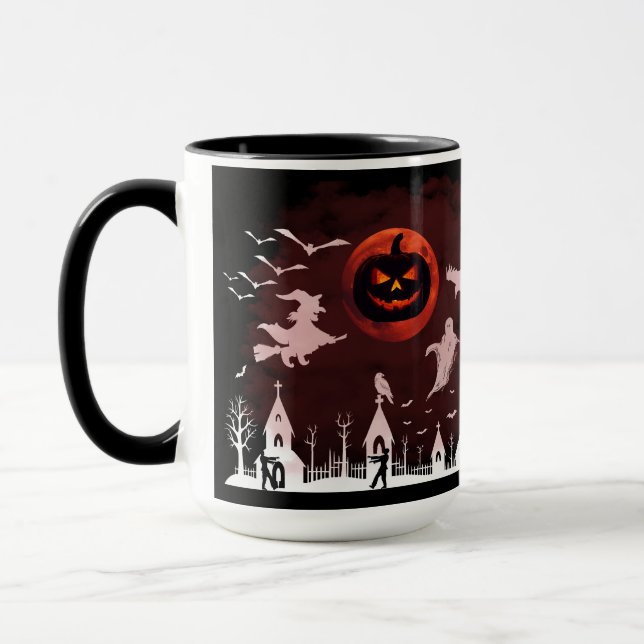 Spooky Halloween Night Full Moon Pumpkin Scene Mug (Left)