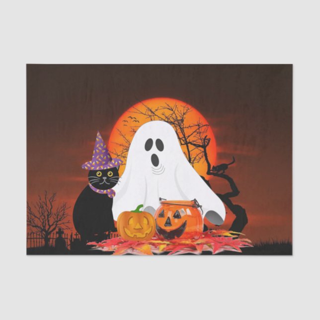 Spooky Halloween Night Ghost and Black Cat Craft   Tissue Paper (Front)