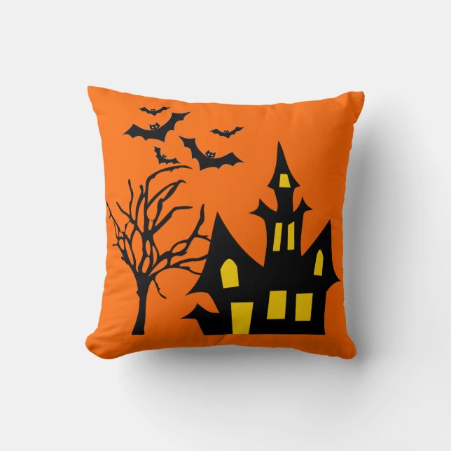 Spooky Halloween Night Lit Haunted House Tree Bats Cushion (Front)