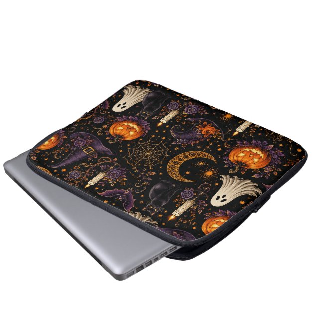 Spooky Halloween Night Pumpkin & Ghost Pattern Art Laptop Sleeve (Front Bottom)