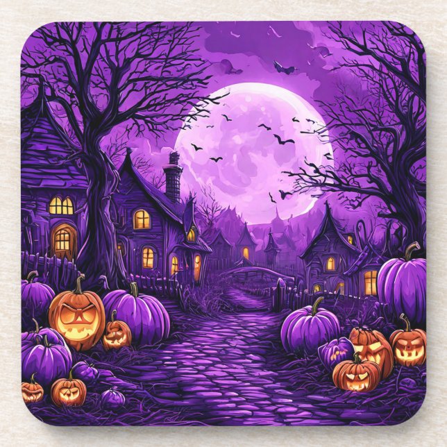 Spooky Halloween Night With Glowing Pumpkins Coaster (Front)