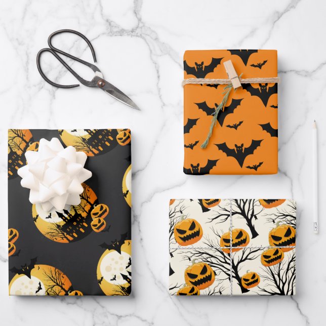 Spooky Halloween Orange Black Wrapping Paper Sheet (Front)