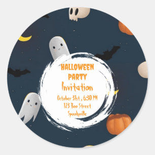 Spooky Halloween Party Invitation Blue Classic Round Sticker