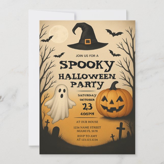 Spooky Halloween Party Invitation Ghost & Pumpkin (Front)