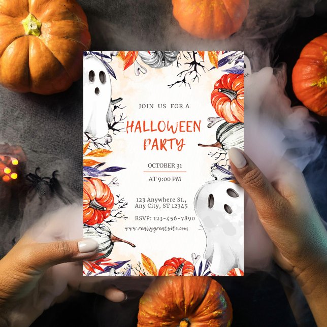 Spooky Halloween Party Invitation Ghost Pumpkin (Editable Halloween Party Invite - Spooky Ghost & Pumpkin Design orang)