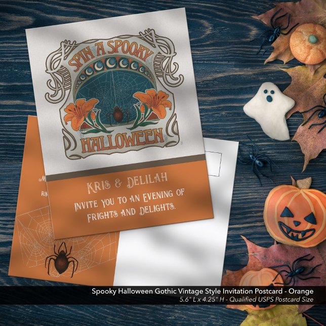 Spooky Halloween Party Invitation Postcard (Spooky Halloween Gothic Vintage Style Invitation Postcard - Shown in Orange, Front)