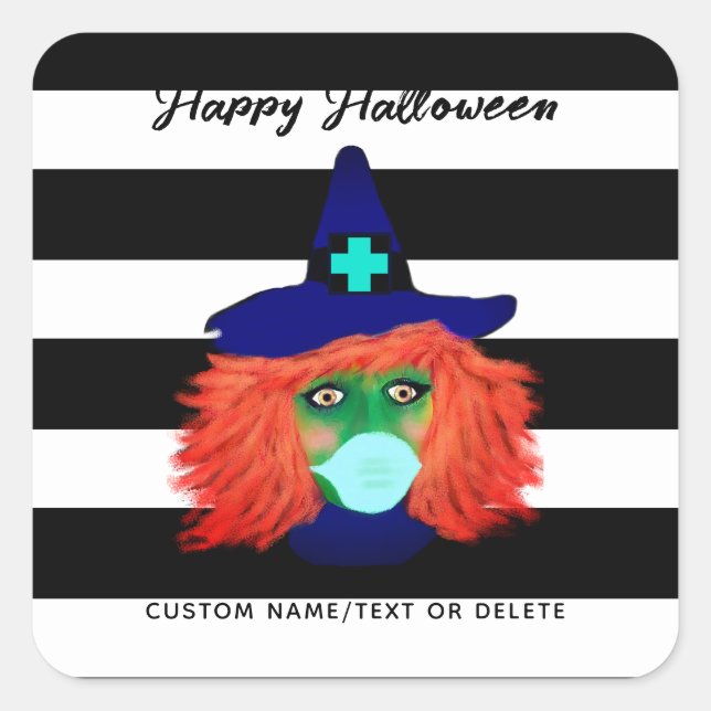 Spooky Halloween Party Witch Personalised Square Sticker (Front)