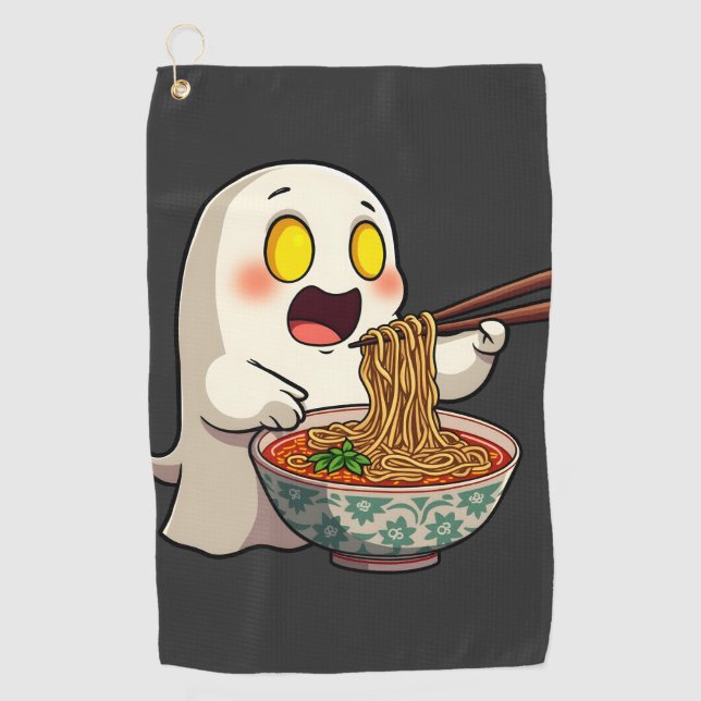 Spooky Halloween Pastel Kawaii Ghost Eating Ramen  Golf Towel (Front)