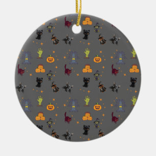 Spooky Halloween Pattern with Black Cats, Pumpkins Ceramic Ornament