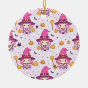 Spooky Halloween Pattern with Pumpkins and witch Ceramic Ornament