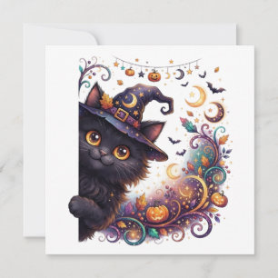 Spooky Halloween, Peeking Black Cat Invitation