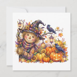 Spooky Halloween, Peeking Scarecrow, Fall Harvest Invitation