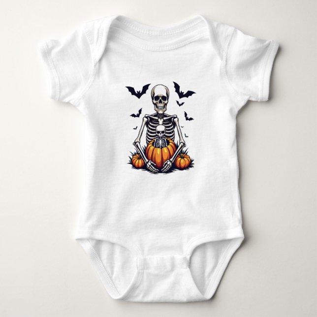 Spooky Halloween Pregnant Skeleton Pregnancy  Baby Bodysuit (Front)
