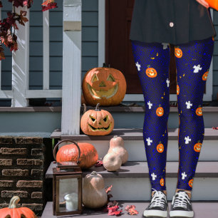 Spooky Halloween Pumpkin and Ghost Pattern Blue Leggings