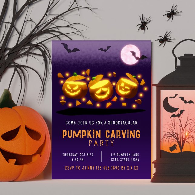 Spooky Halloween Pumpkin Carving Orange & Purple Invitation (Spooky Halloween Pumpkin Carving Orange & Purple Invitation)