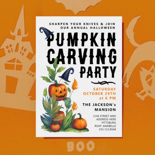 Spooky Halloween Pumpkin Carving Party Watercolor Invitation (Creator Uploaded)
