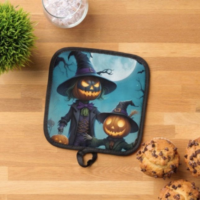 Spooky Halloween Pumpkin Duo Pot Holder (Pot Holder Full rubber protection cover no slip silicon hanging loop. 
)