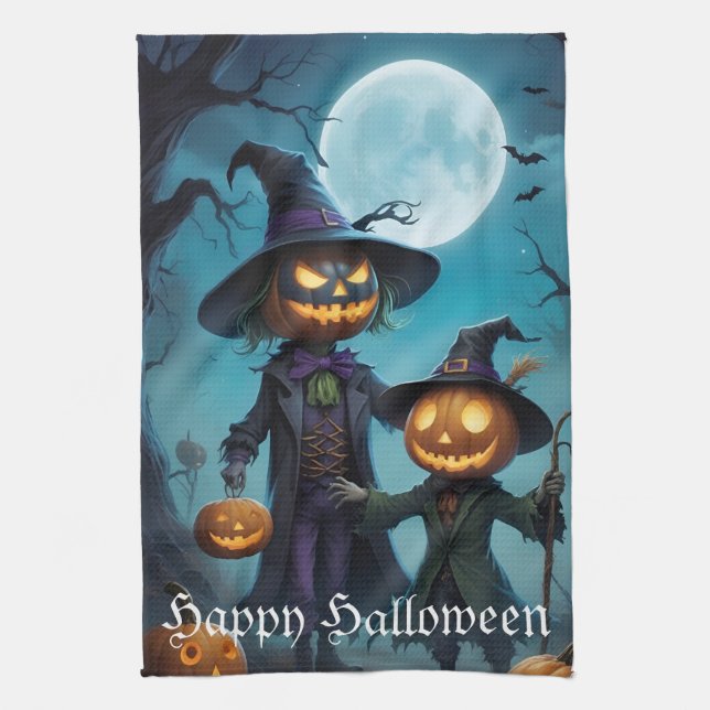 Spooky Halloween Pumpkin Duo Tea Towel (Vertical)