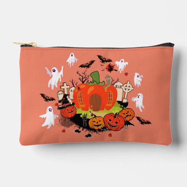 Spooky Halloween Pumpkin Graveyard Scene Accessory Pouch (Front)