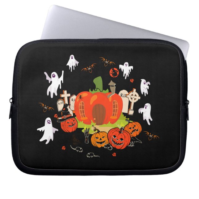 Spooky Halloween Pumpkin Graveyard Scene Laptop Sleeve (Front)