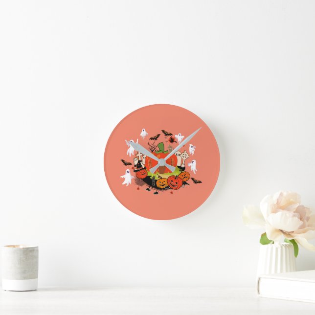 Spooky Halloween Pumpkin Graveyard Scene Round Clock (Home)
