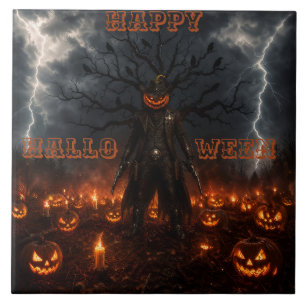 Spooky Halloween Pumpkin Sheriff Cowboy Lightning  Ceramic Tile