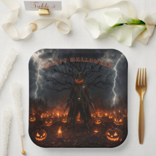 Spooky Halloween Pumpkin Sheriff Cowboy Lightning Paper Plate