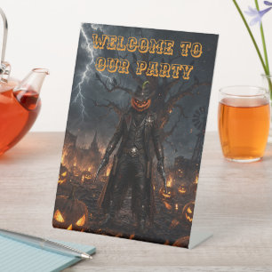 Spooky Halloween Pumpkin Sheriff Cowboy Lightning Pedestal Sign
