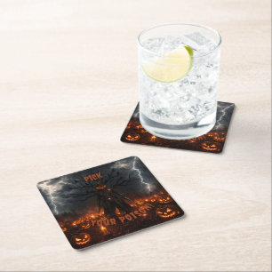 Spooky Halloween Pumpkin Sheriff Cowboy Lightning Square Paper Coaster