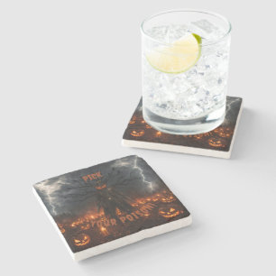 Spooky Halloween Pumpkin Sheriff Cowboy Lightning Stone Coaster