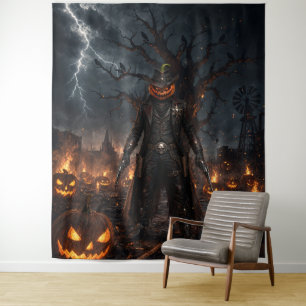 Spooky Halloween Pumpkin Sheriff Cowboy Lightning Tapestry