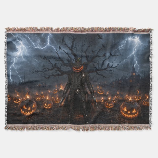 Spooky Halloween Pumpkin Sheriff Cowboy Lightning  Throw Blanket (Front)