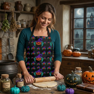 Spooky Halloween Pumpkin Spider And Witch Hat Art Apron