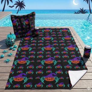 Spooky Halloween Pumpkin Spider And Witch Hat Art Beach Towel