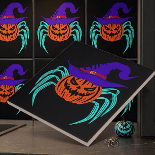 Spooky Halloween Pumpkin Spider And Witch Hat Art Ceramic Tile