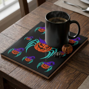 Spooky Halloween Pumpkin Spider And Witch Hat Art Ceramic Tile